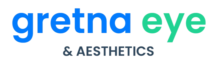 Gretna Eye & Aesthetics Logo - cyan color, all lowercase "Gretna" and pastel green color, all lowercase "Eye" on the top row in sans serif font, with a medium gray ampersand and small font, all caps "Aesthetics underneath.